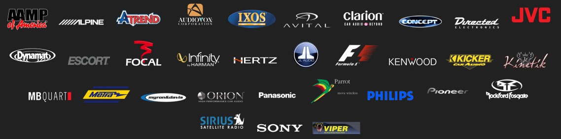 A collection of car radio brand logos, including AAMP, ATrend, AudioVox, IXOS, Avital, Clarion, Concept, Directed, JVC, Dynamat, Escort, Focal, Infinity, Hertz, Formula 1, Kenwood, Kicker, Kinetik, MBQuart, Metra, Orion, Panasonic, Parrot, Philips, Pioneer, Sirius, Sony, and Viper